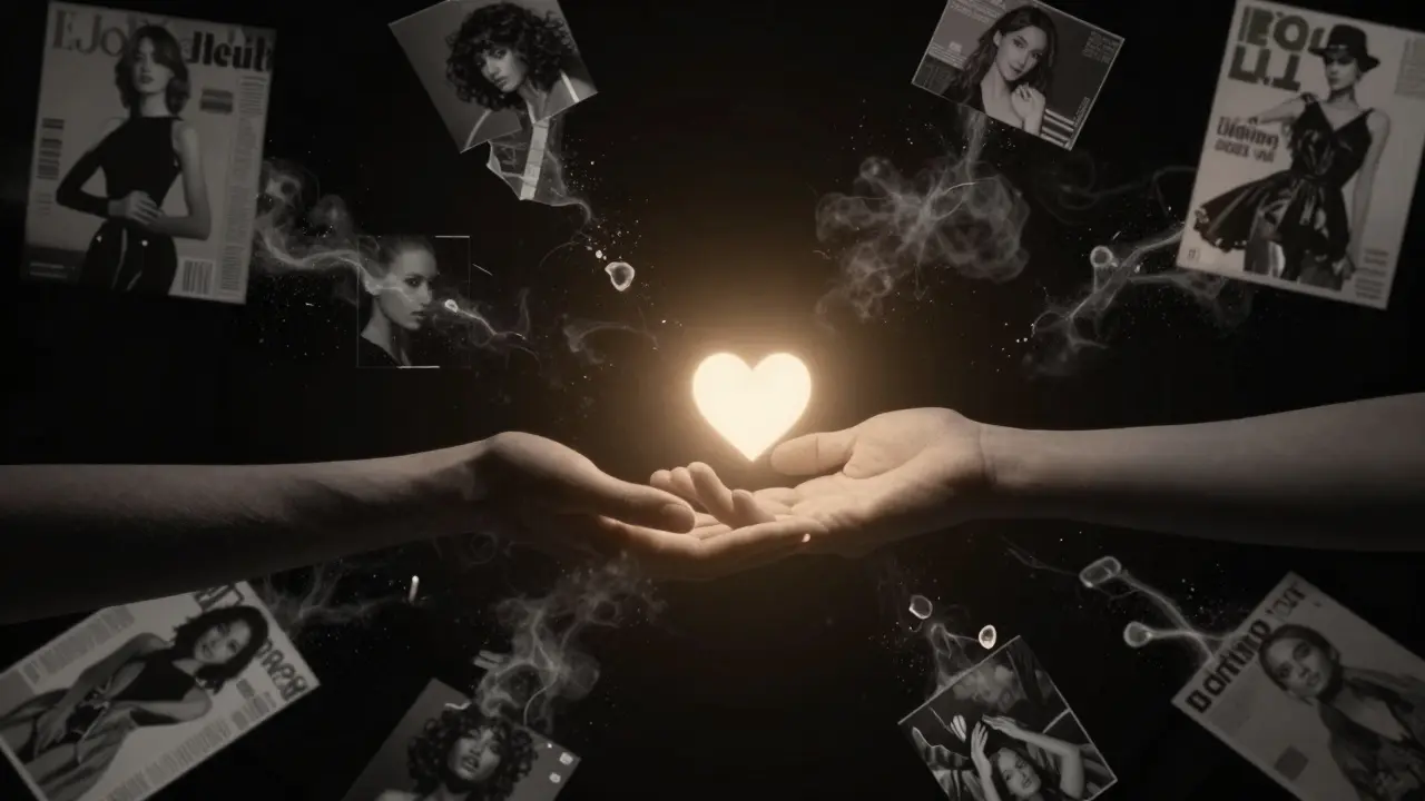 Две руки сближаются, между ними светящееся сердце, вокруг — тающие образы стандартов красоты.