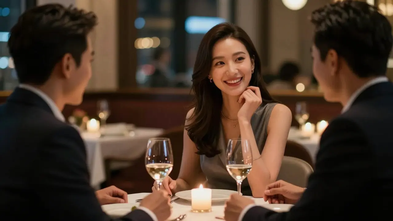 Эскорт-девушка и клиент за ужином в ресторане, тёплый свет и разговор.