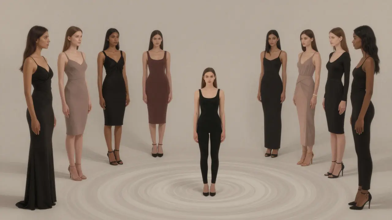 Фигура в минимализме стоит в центре вихря стереотипов красоты, символизируя смену парадигмы.