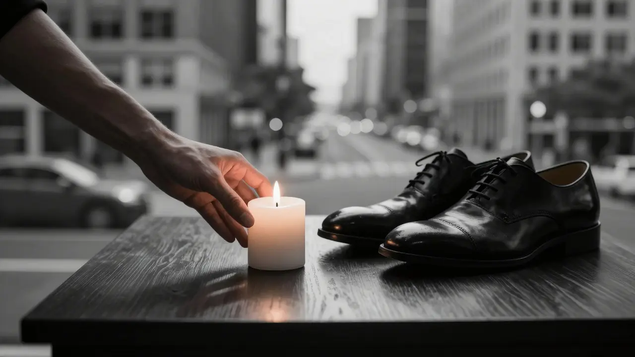 Маленькая рука ставит свечу рядом с мужской обувью — символ спокойствия и отсутствия давления.