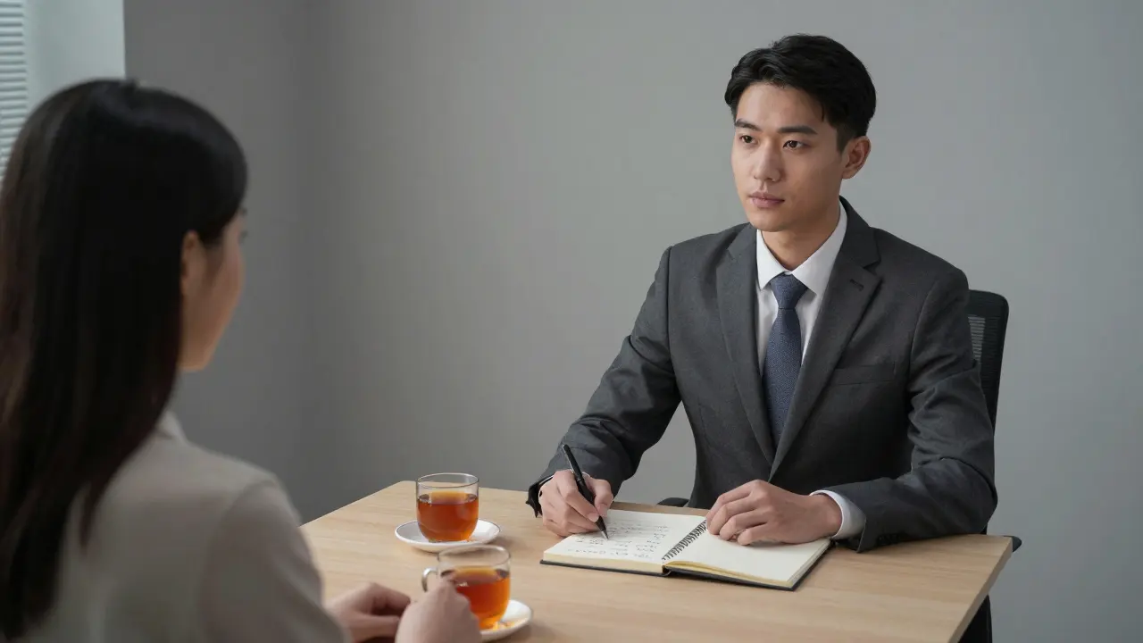 Мужчина-сопровождающий и клиент за чаем обсуждают интересы в спокойной офисной обстановке.