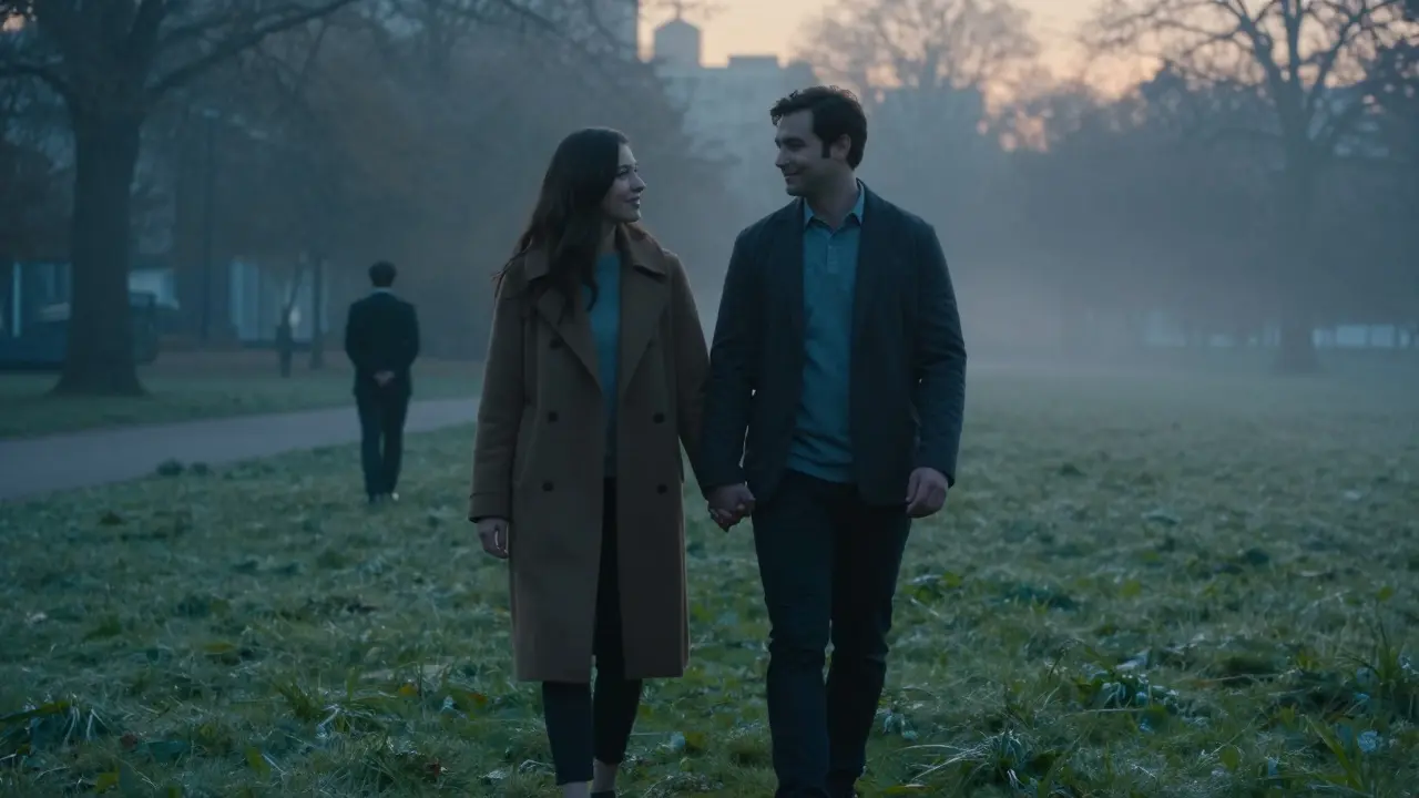 Пара идет по парку на рассвете, снова держась за руки, тень посредника исчезает в тумане.