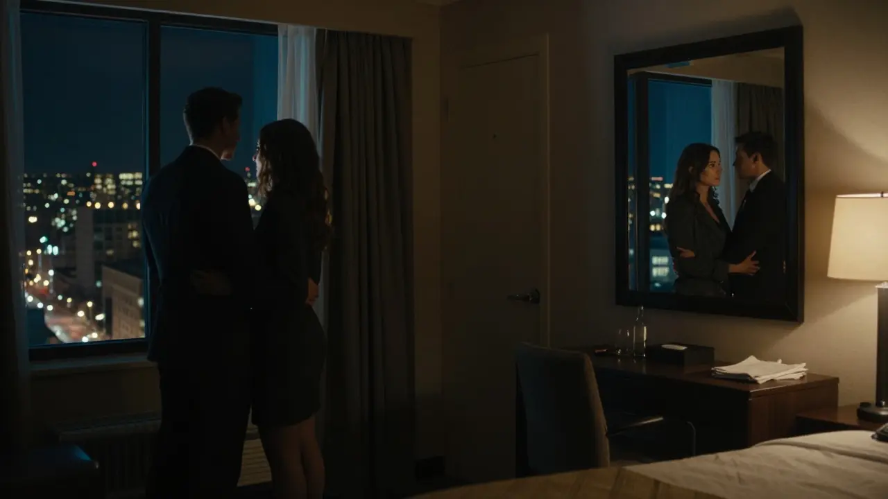 Пара у окна в отеле, их отражения в зеркале показывают внутреннее прозрение — спутник уже ушёл.