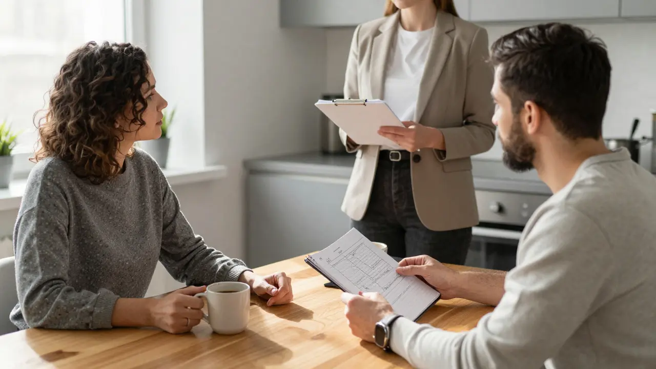 Пара за кофе обсуждает границы в кухне, профессионал внимательно слушает, не вмешиваясь.