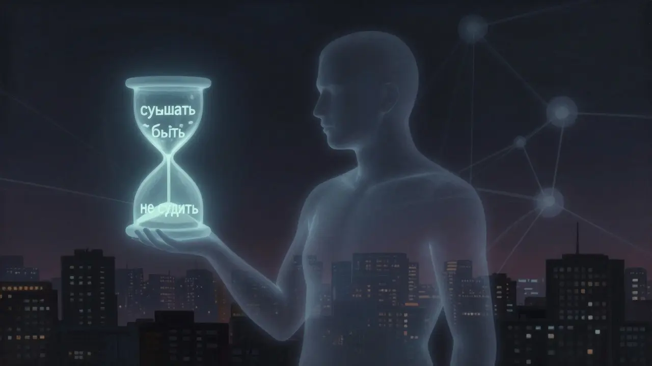 Прозрачная фигура держит песочные часы с словами эмоционального присутствия, город за ней растворяется в световых связях.