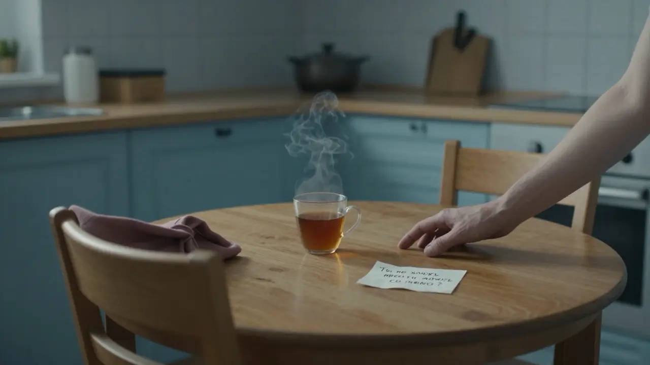 Пустой стул за кухонным столом, чашка чая и записка с вопросом: 'Ты не хочешь просто побыть со мной?'