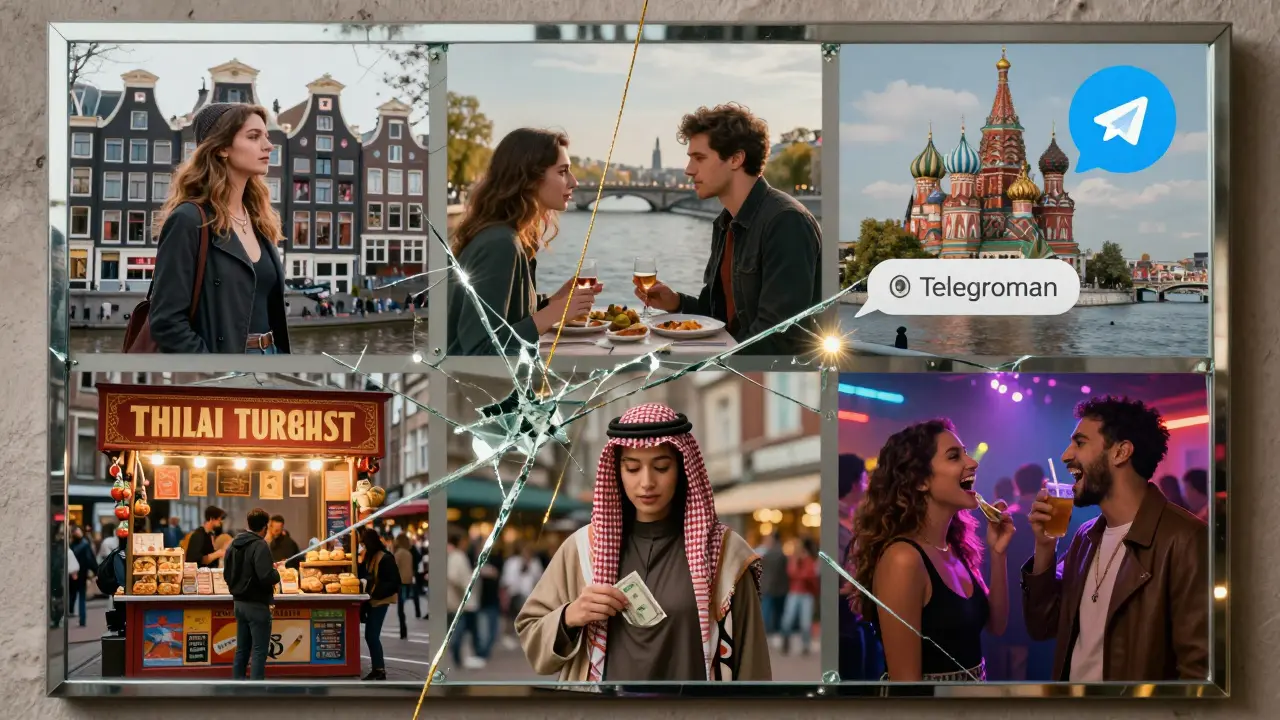 Разбитое зеркало отражает шесть сцен эскорта из разных стран, соединённых золотой нитью.