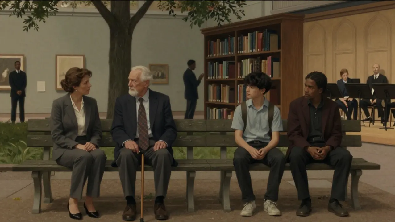 Разные пары в уютных общественных местах: музей, парк, библиотека — все в моменте искреннего общения.