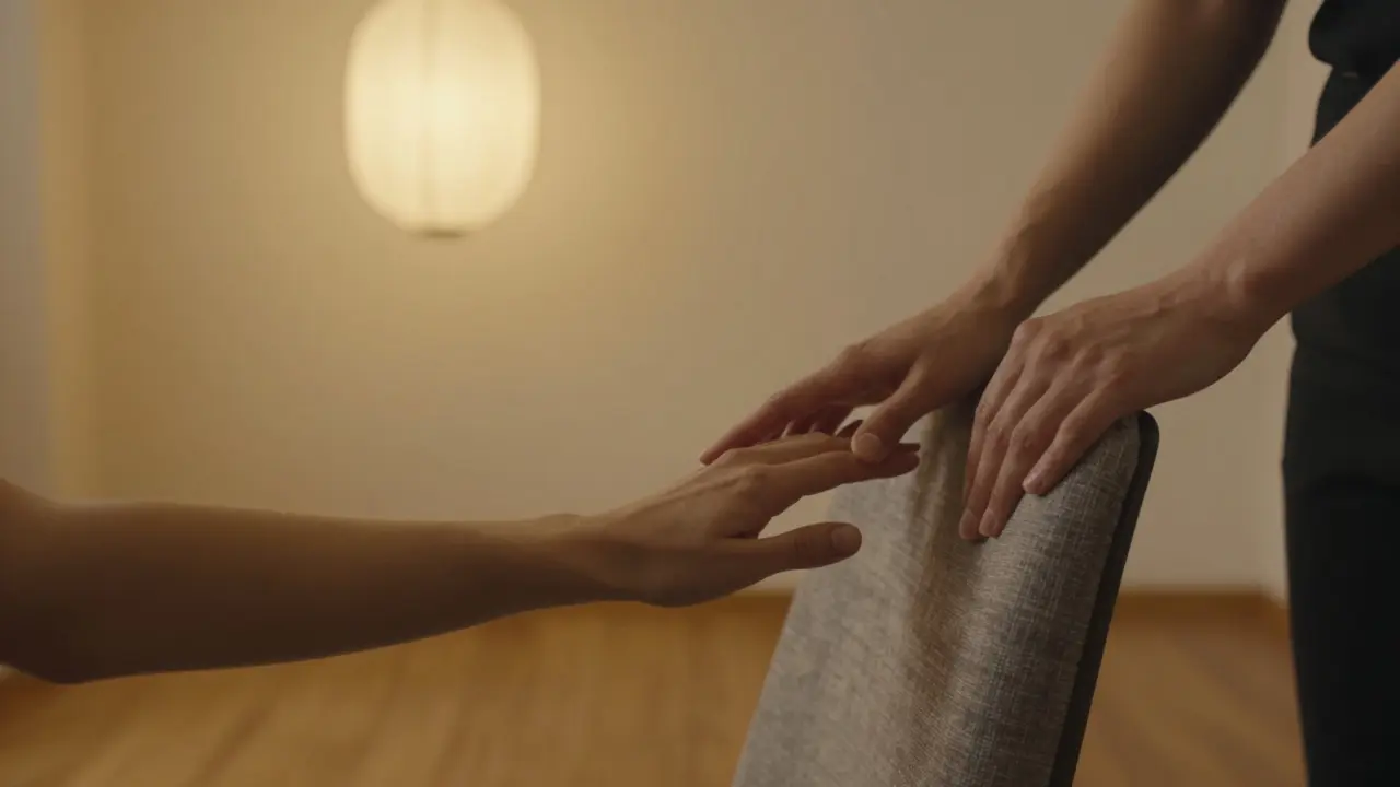 Руки двух партнеров и рука посредника мягко касаются друг друга в тихой обстановке.