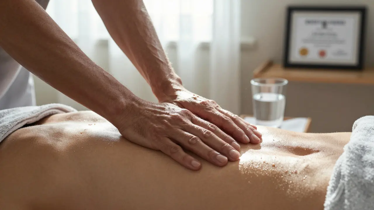 Руки массажиста и клиента на спине после сессии, солнечный свет, детали сертификата на стене.