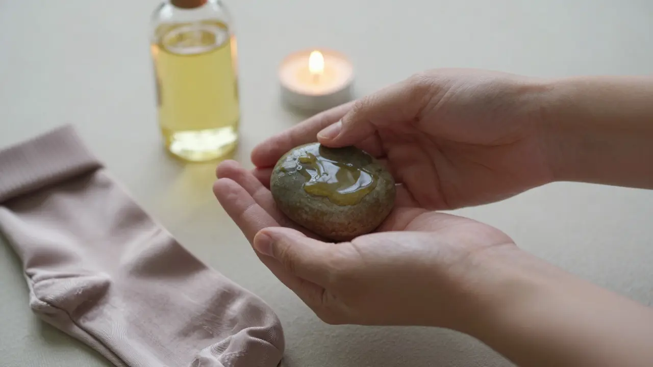 Руки передают тёплый камень на подошву стопы, вокруг — элементы ухода и тишины.