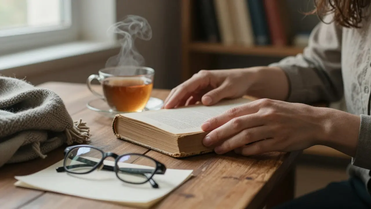 Руки женщины кладут старую книгу на стол рядом с чашкой чая.