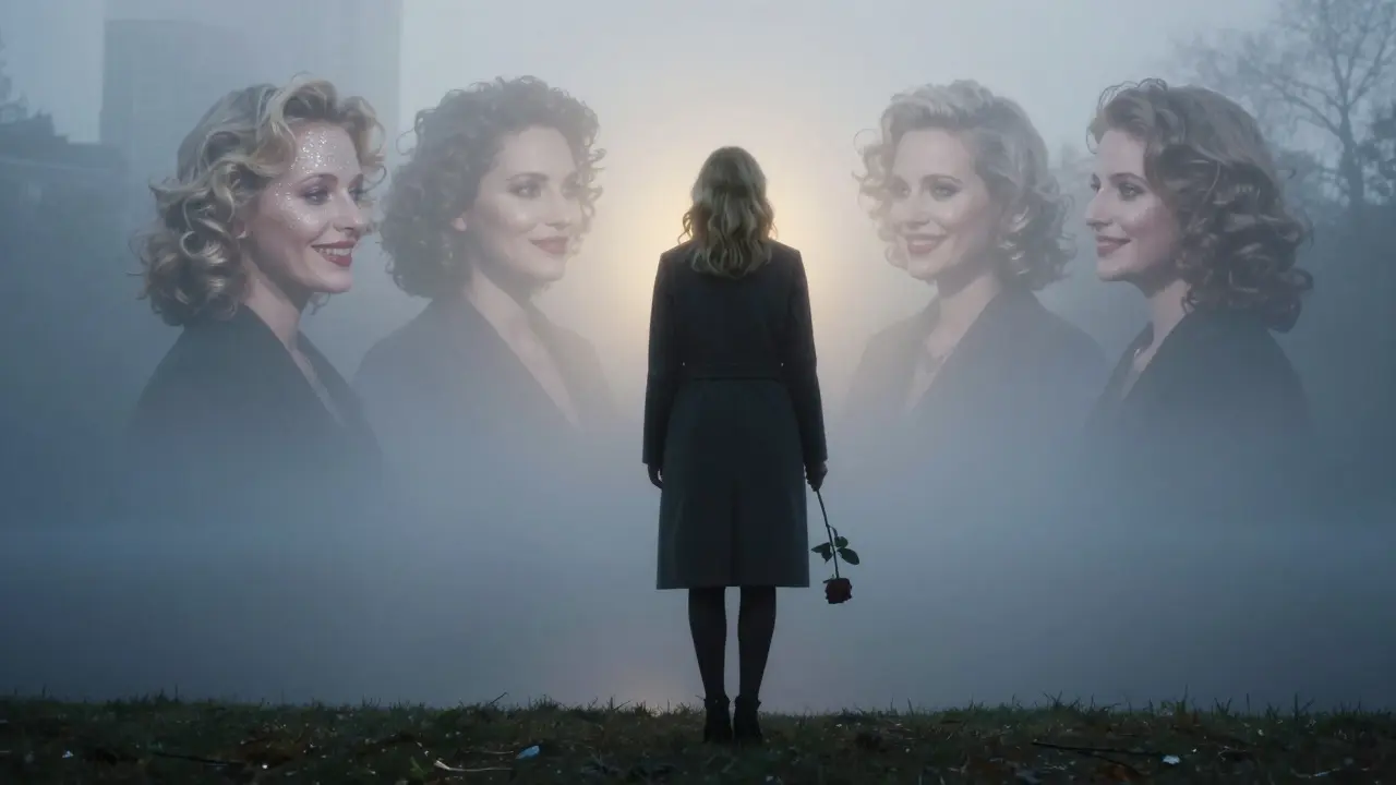 Силуэт блондинки на рассвете, стереотипные образы растворяются в тумане.