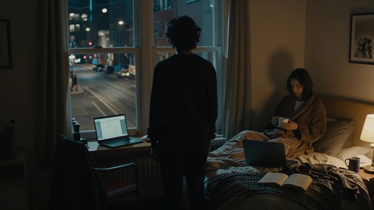 Силуэт человека у окна ночью, рядом на кровати — спокойная фигура с чашкой чая.