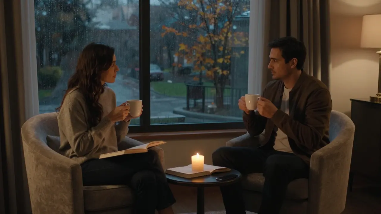 Тихий вечер в отеле: пара в молчании, свеча, дождь за окном.