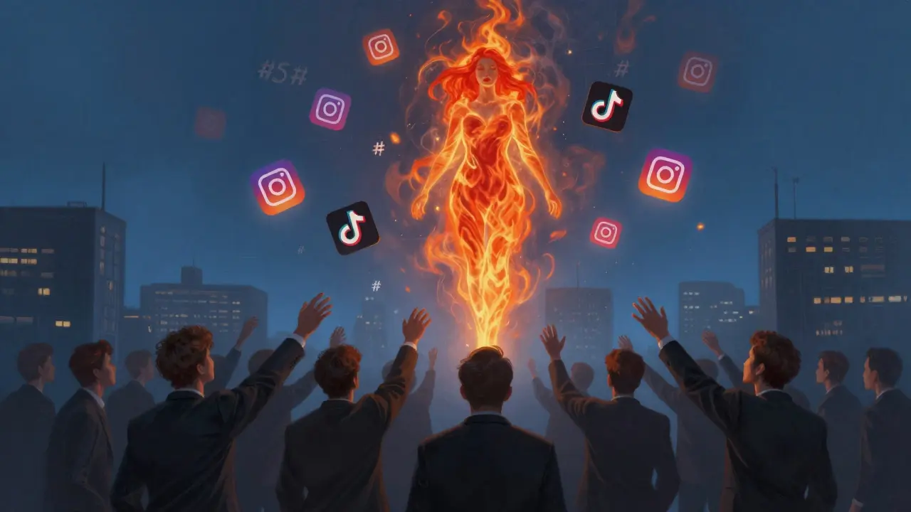 Толпа людей тянется к прозрачной фигуре рыжеволосой женщины, состоящей из огня и дыма, окруженной цифровыми иконами.