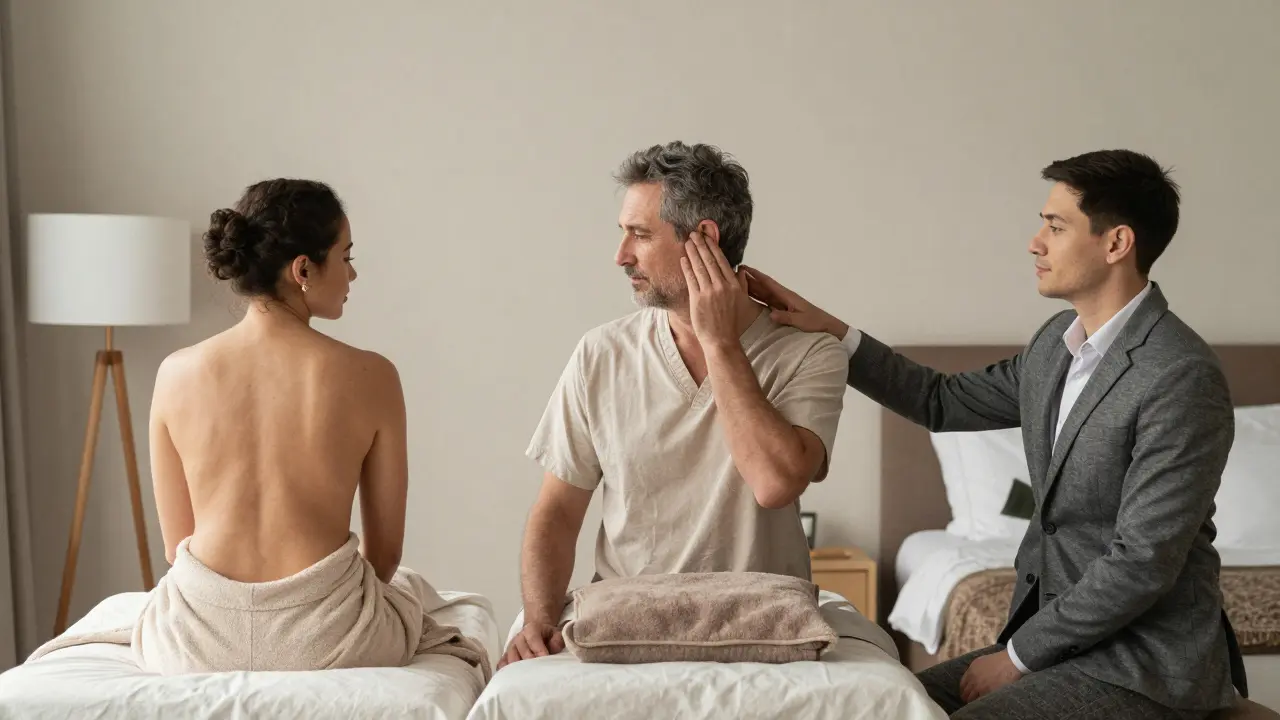 Три человека в разных спа-обстановках переживают тихие моменты физического контакта с заботой и уважением.