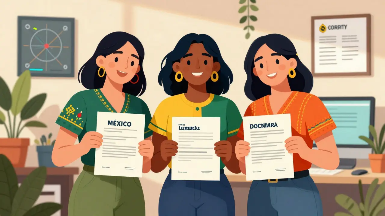 Три латиноамериканские женщины в офисе агентства с документами и экранами безопасности