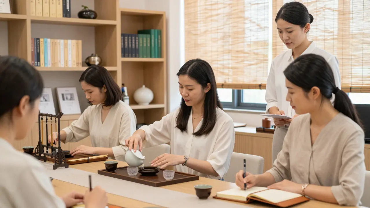 Три женщины практикуют чайную церемонию в учебном зале с книгами и кистями.