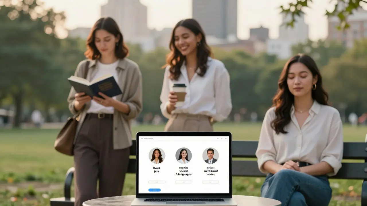 Три женщины с разными характерами в парке — каждый профиль уникален, выбор основан на личности, не на фото.