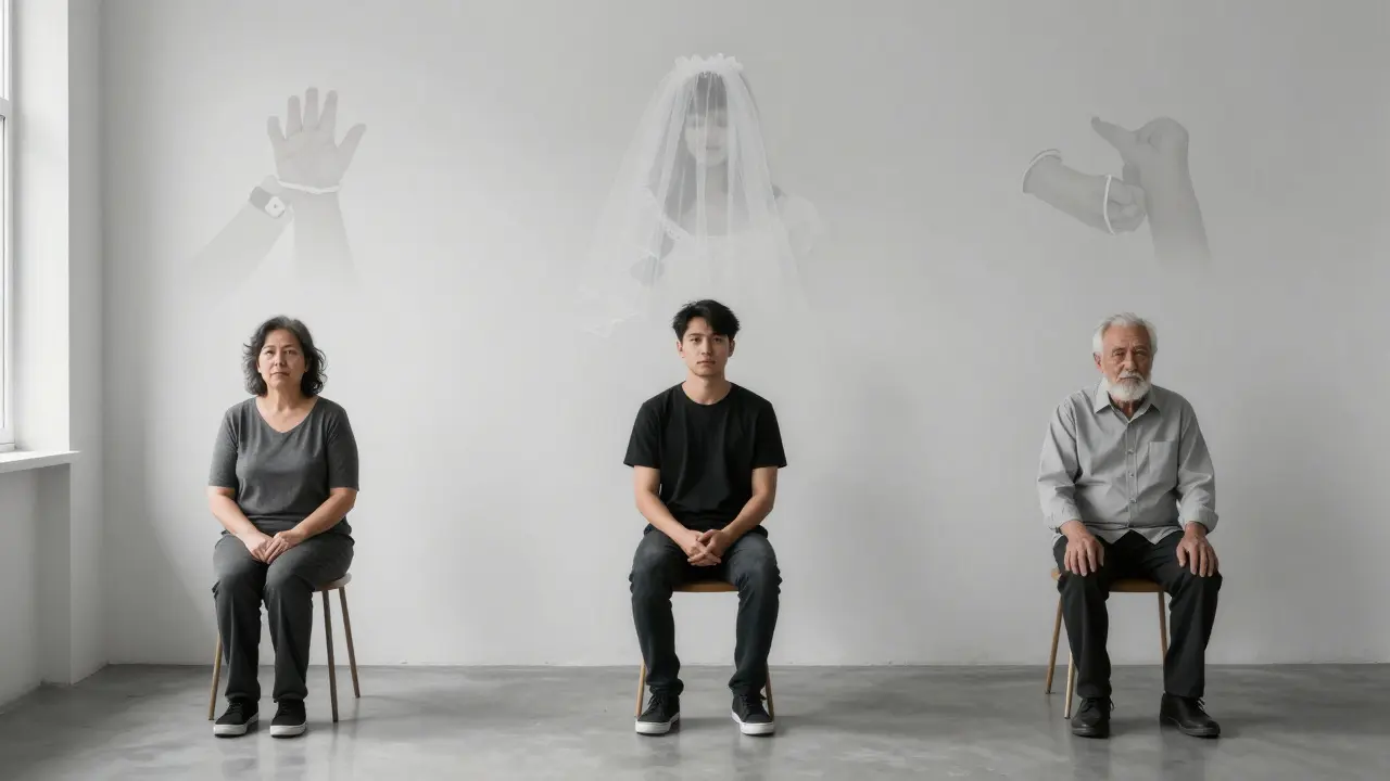 Трое одиноких людей в пустых комнатах, за ними — прозрачные образы утраченных моментов жизни.