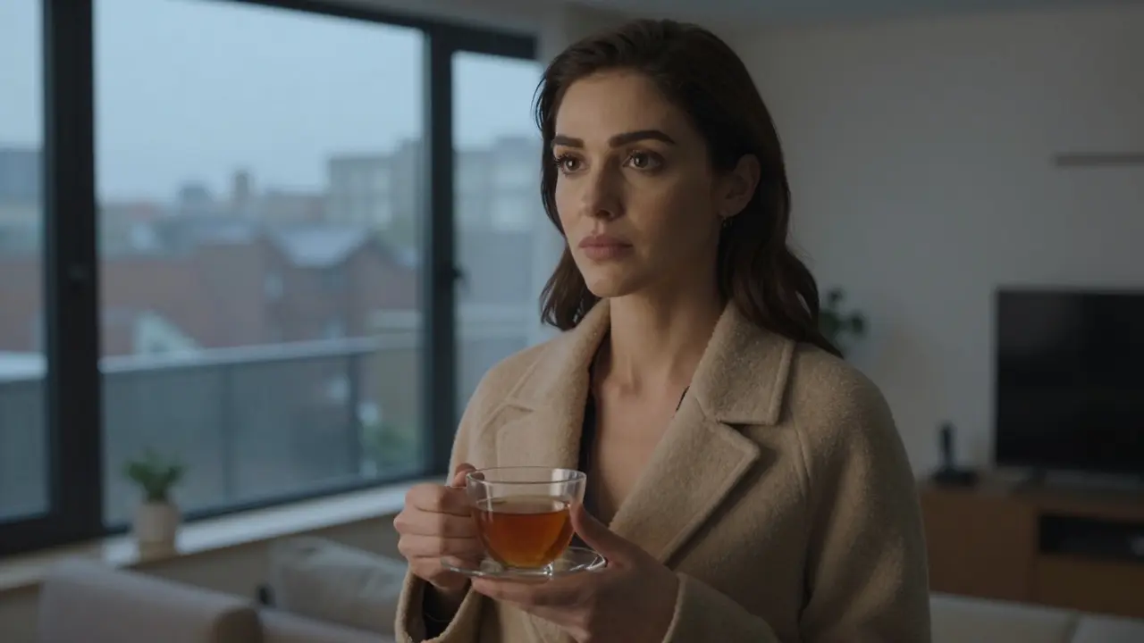 Уверенная женщина небольшого роста в нейтральной одежде у окна с видом на дождливый город.