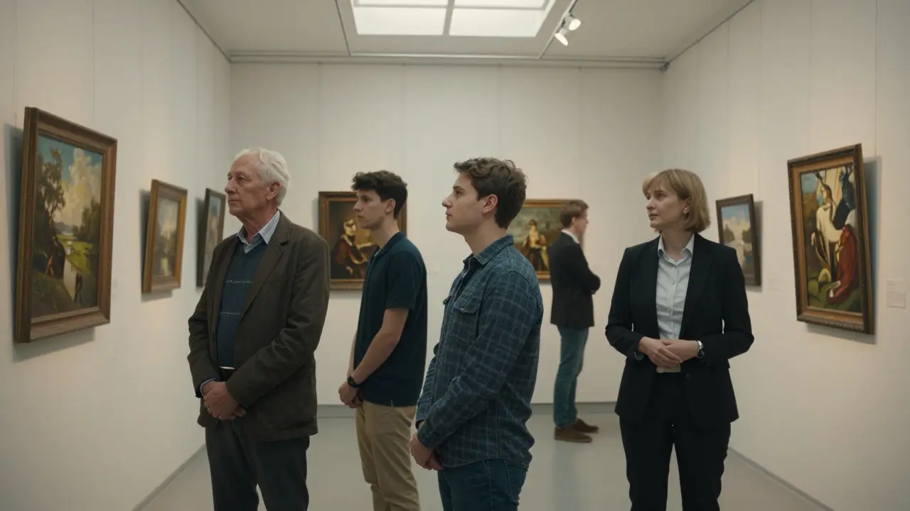 В галерее Калуги люди разных возрастов сопровождаются профессионалами, внимательно смотрят на картины.