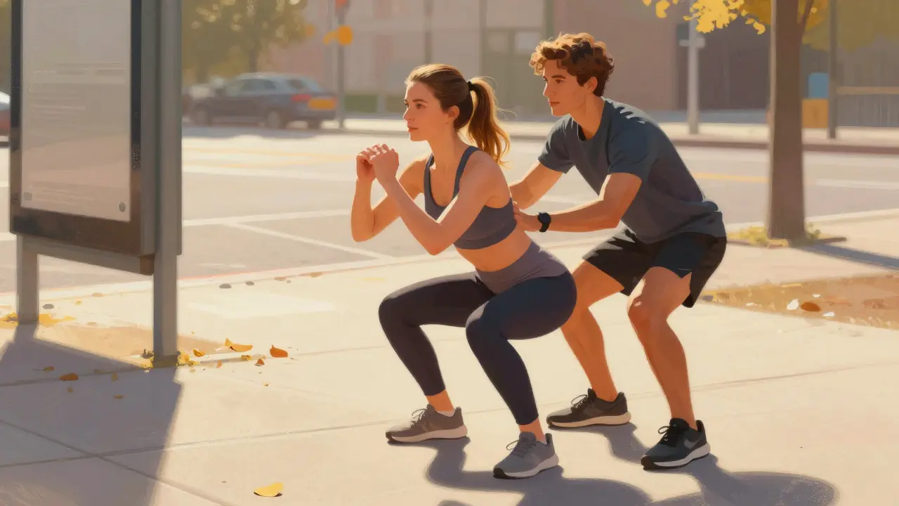 Женщина делает приседания на улице с поддержкой атлетического сопровождающего.