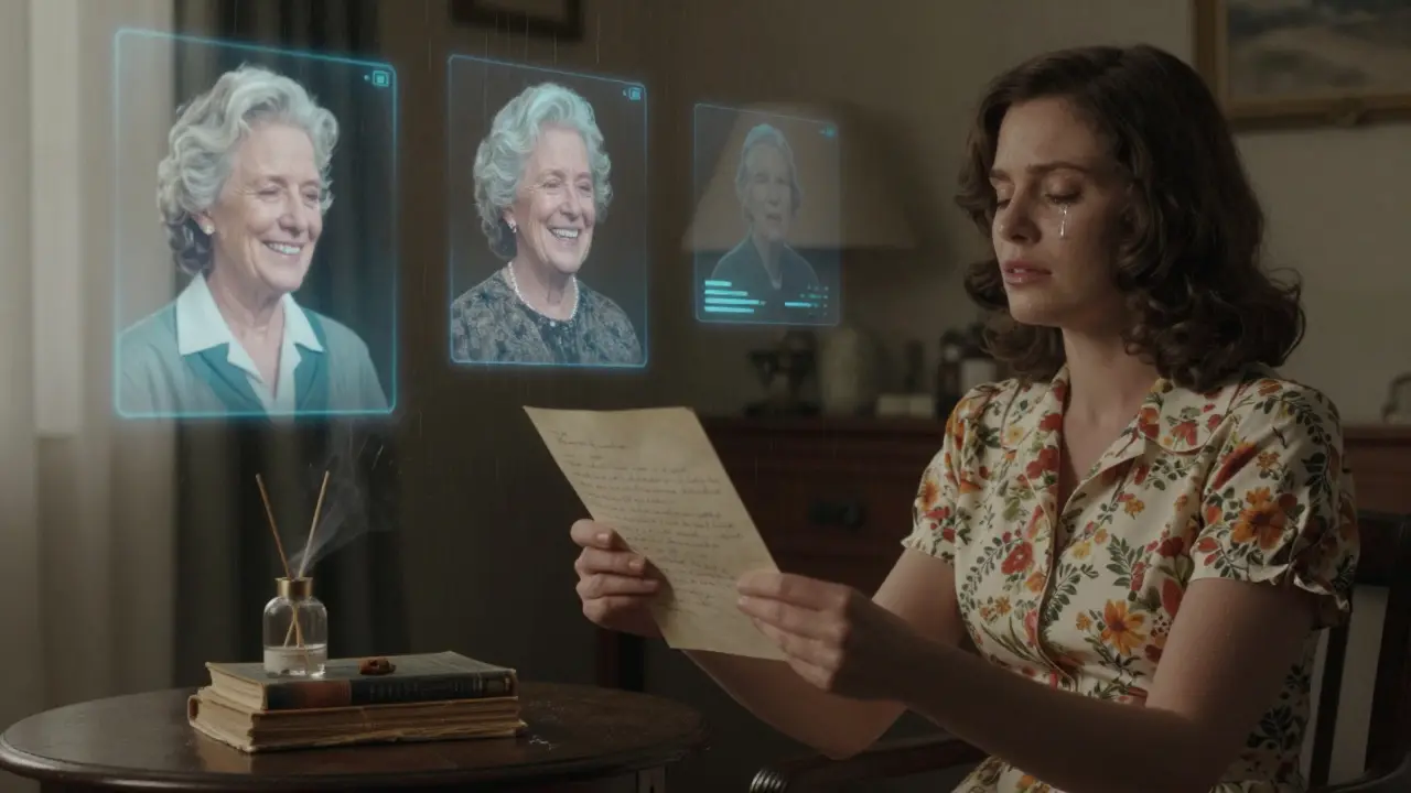 Женщина держит старое письмо, вокруг неё — голограммы бабушки, в комнате — тёплый свет и запах корицы.