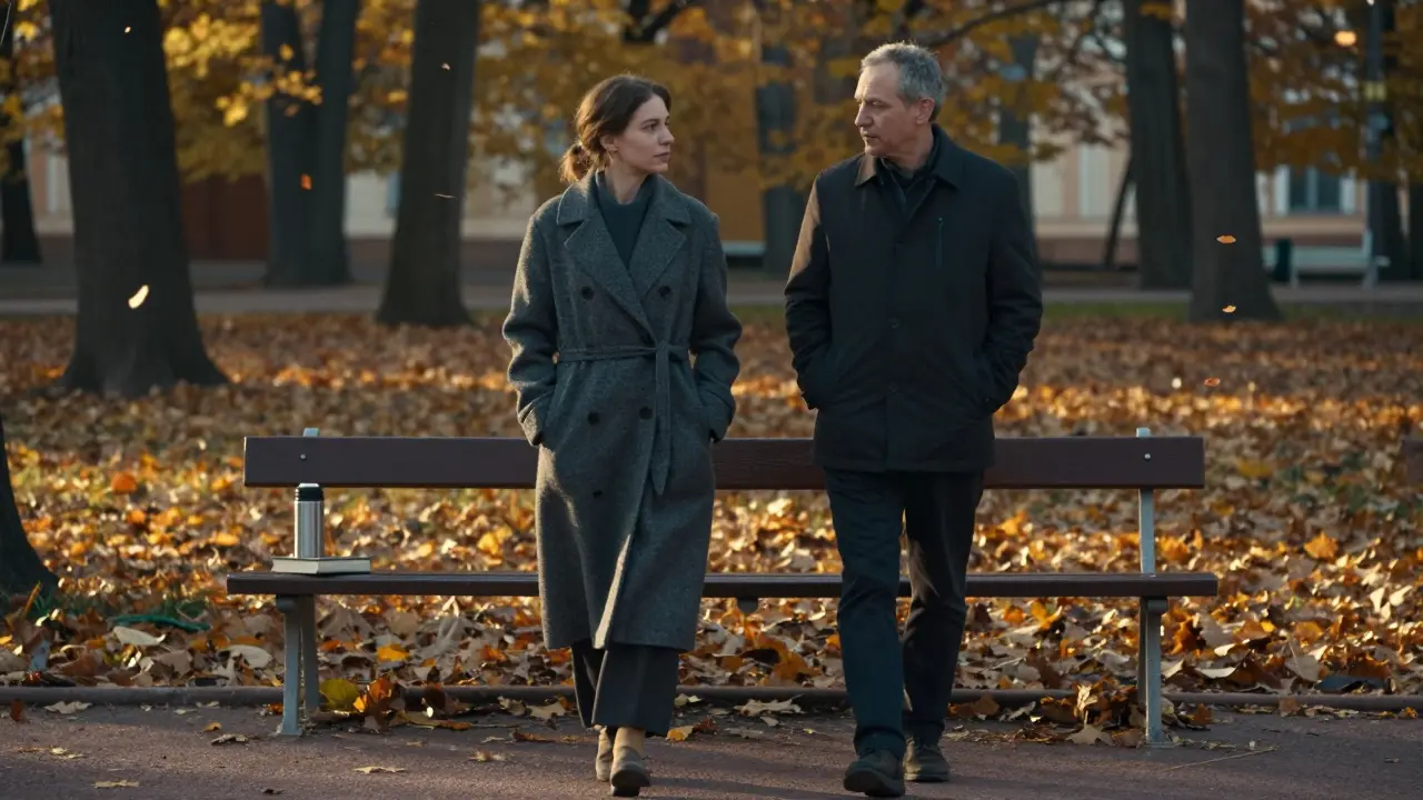 Женщина и мужчина тихо гуляют по парку осенью, рядом — чайник и книга на скамейке.