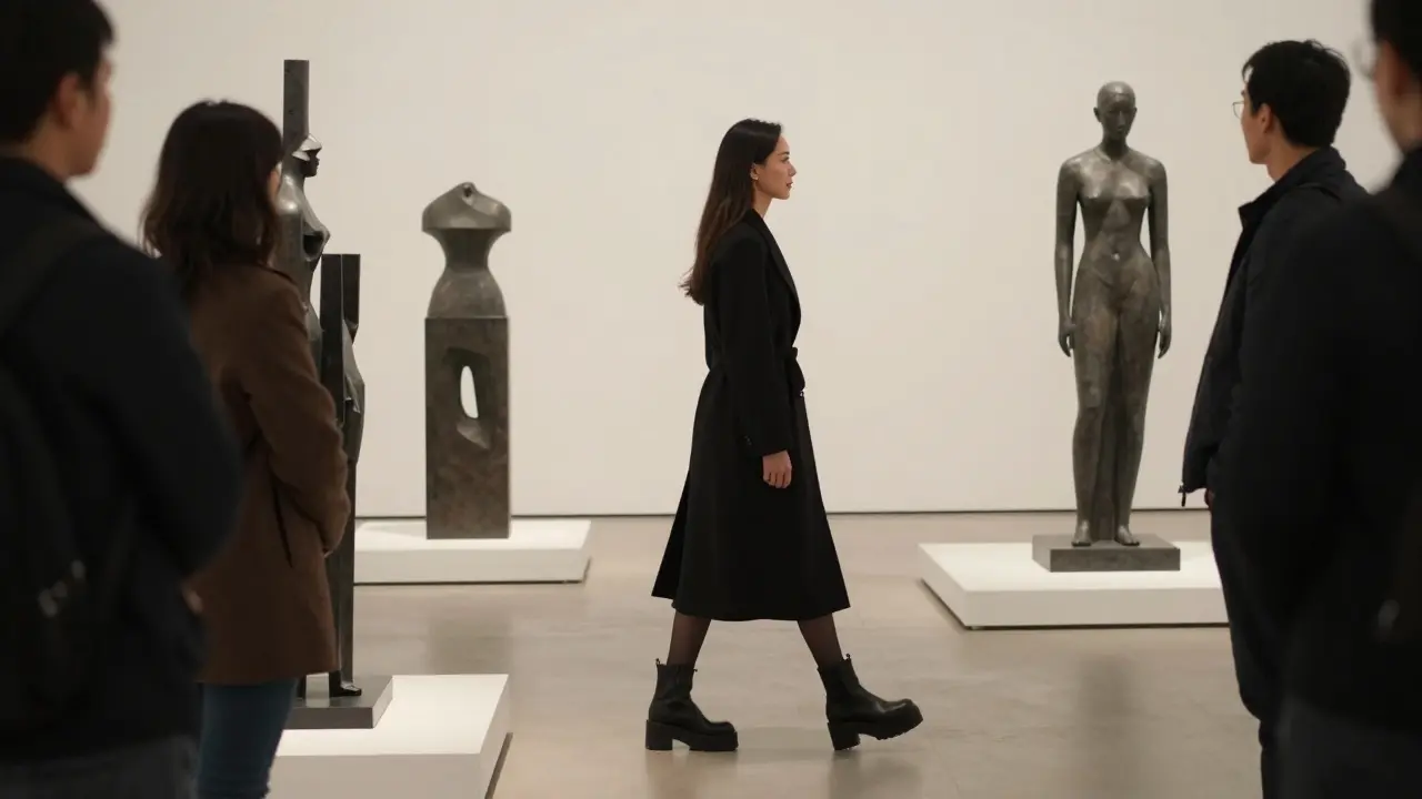 Женщина небольшого роста проходит мимо скульптур в галерее, ее присутствие доминирует в пространстве.