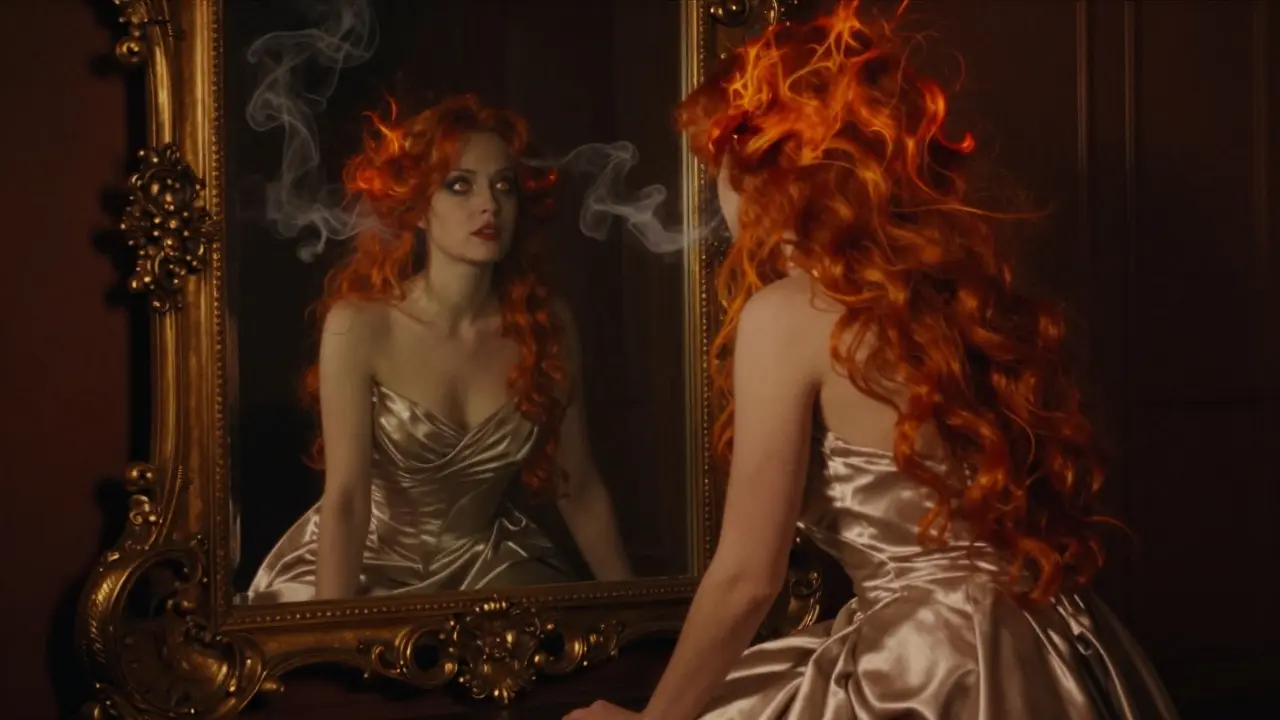 Женщина с огненно-рыжими волосами сидит перед золотым зеркалом, ее отражение превращается в мифическое существо.