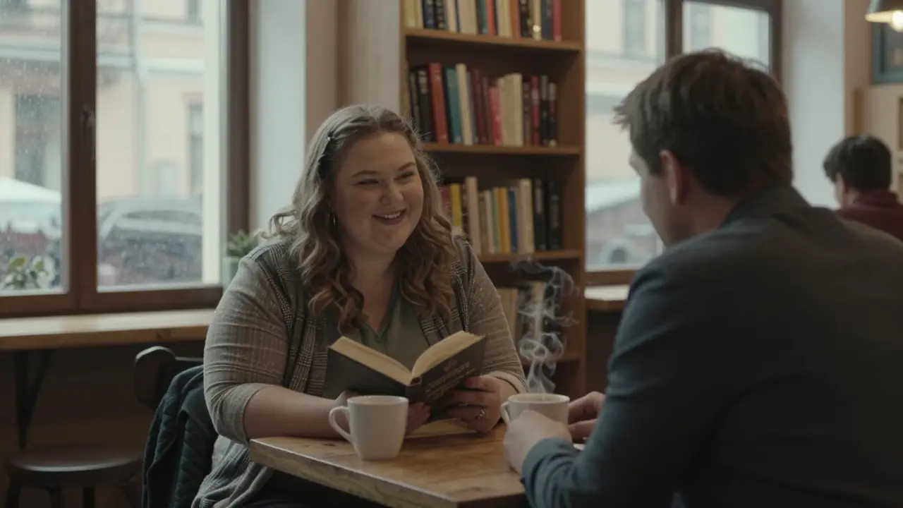 Женщина с плюсами читает книгу в кафе рядом с клиентом, дождь за окном.