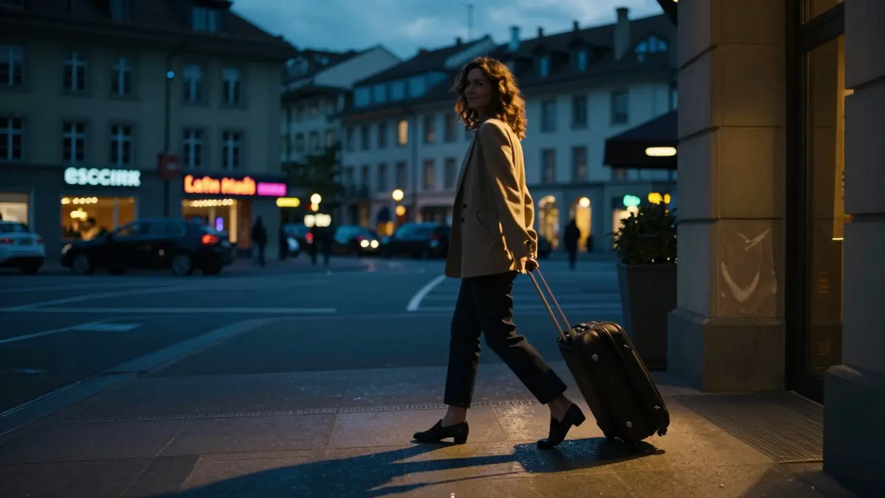 Женщина уходит из отеля в Цюрихе на закате, её силуэт освещён золотым светом