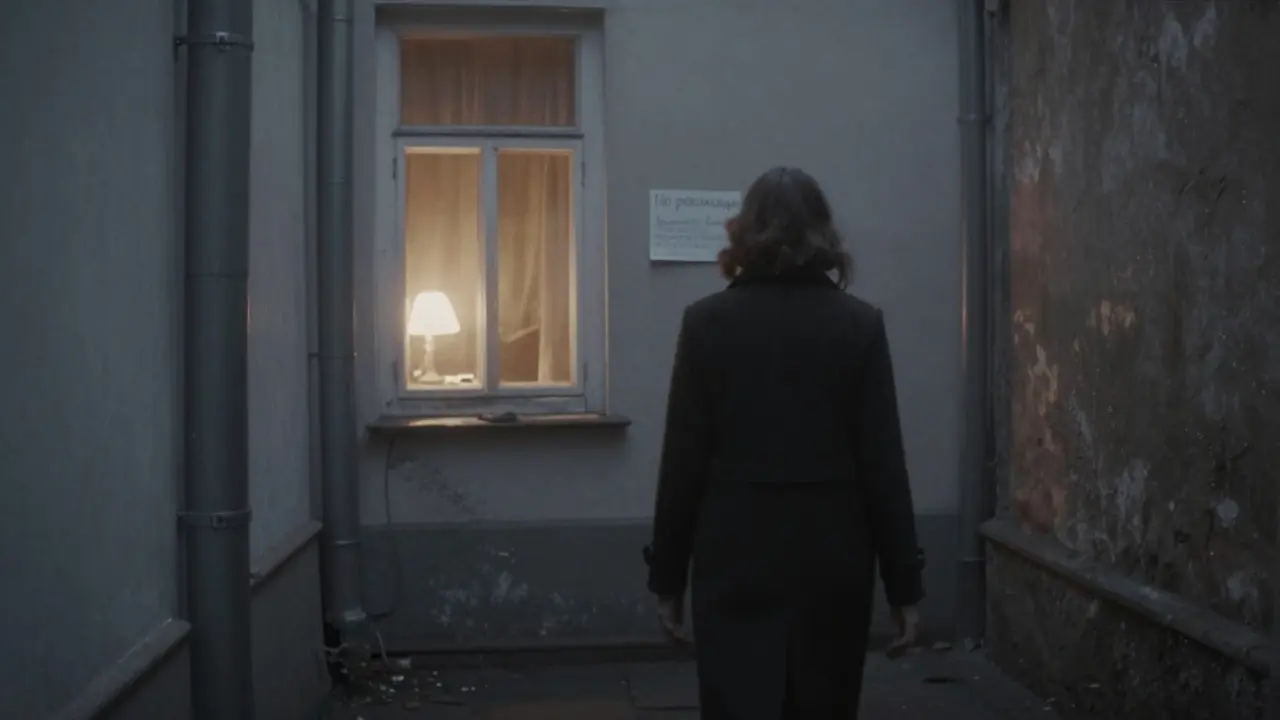 Женщина уходит по тёмному переулку, за ней — тёплый свет окна и надпись 'По рекомендации'.