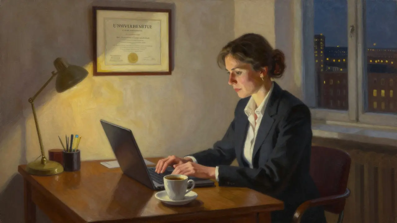 Женщина в костюме работает за столом в Берлине, на стене — диплом, за окном — городские огни.