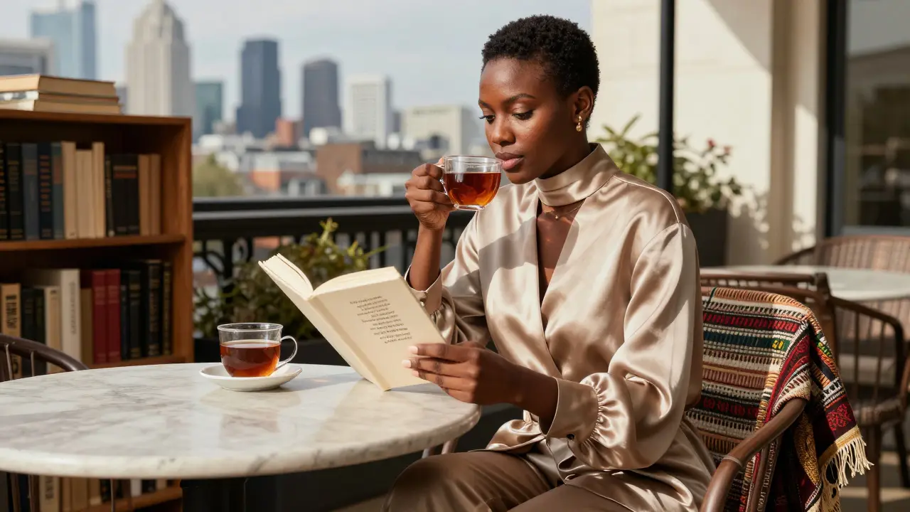 Женщина в шелковом костюме читает поэзию на солнечной террасе, рядом — книжные полки и ткань ручной работы.