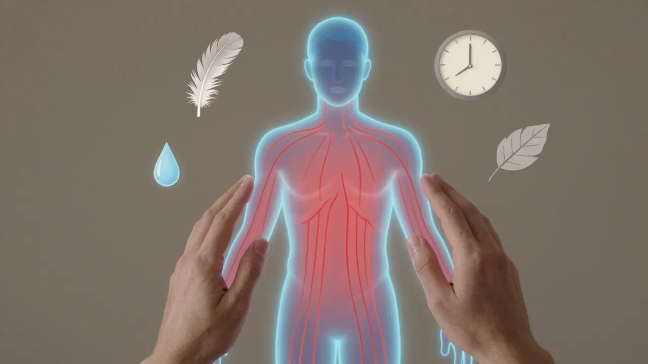 Абстрактное изображение тела, где напряжение исчезает под воздействием целительных рук и символов спокойствия.