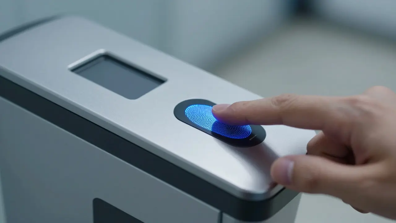 Биометрический сканер отпечатка пальца с синим светом.