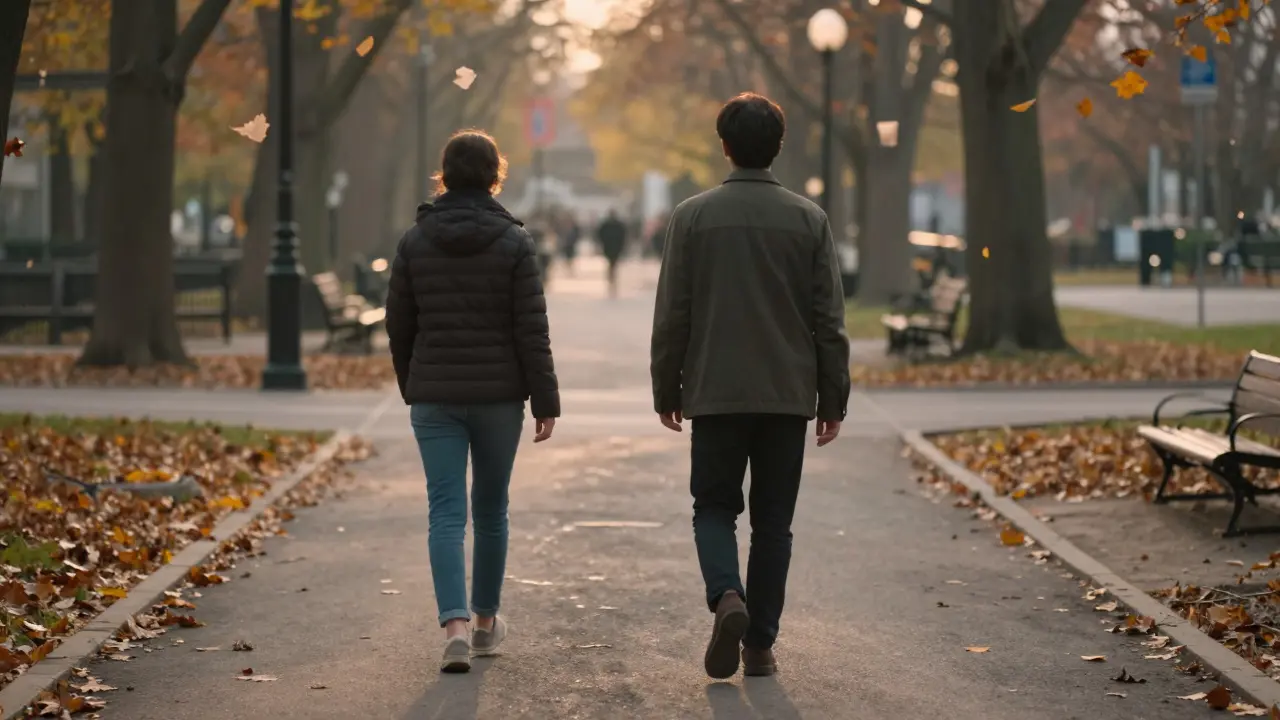 Человек и сопровождающий медленно гуляют по парку в золотой час, окружённые опадающими листьями.