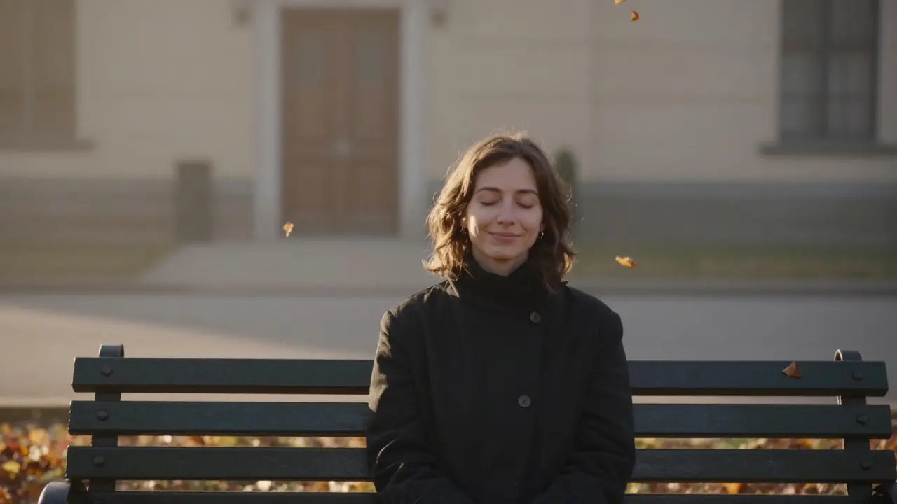 Человек на скамейке на рассвете, глаза закрыты, листья вокруг — после встречи, чувство облегчения.