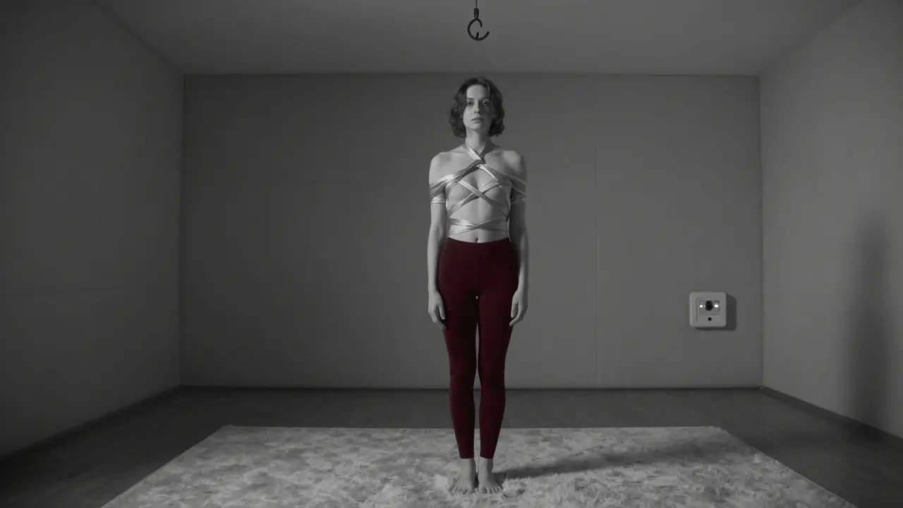 Человек с мягкими связями на руках стоит спокойно, в комнате с элементами безопасности.