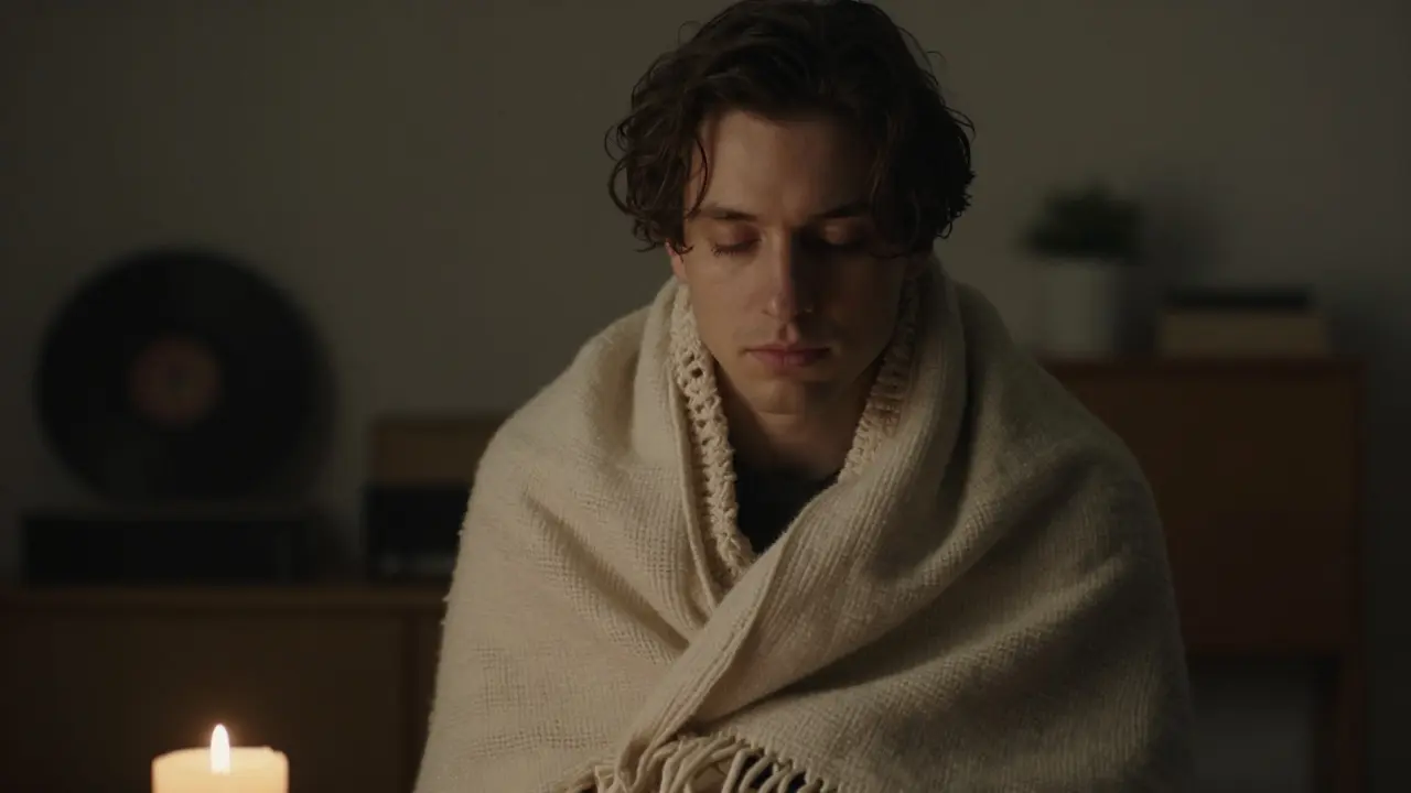 Человек в одеяле с зажжённой свечой, закрывший глаза, погружённый в момент внутреннего перехода.