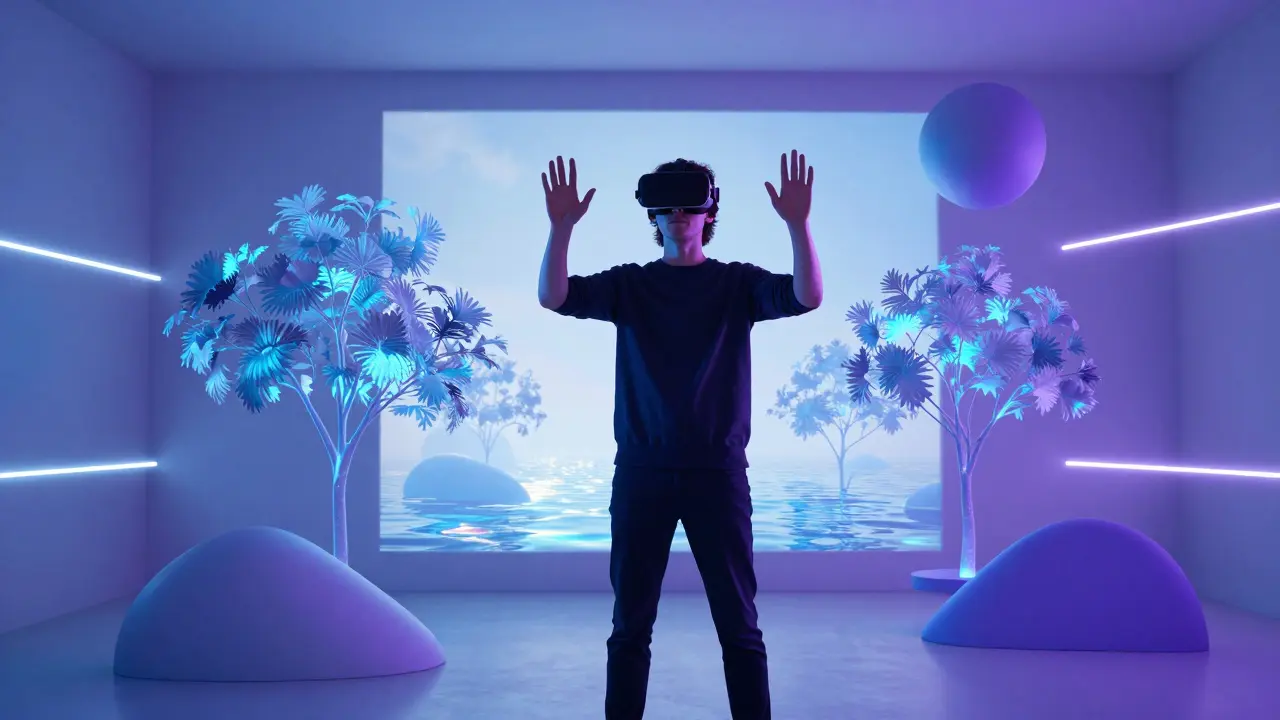 Человек в VR-шлеме в виртуальном мире с голографическими элементами.