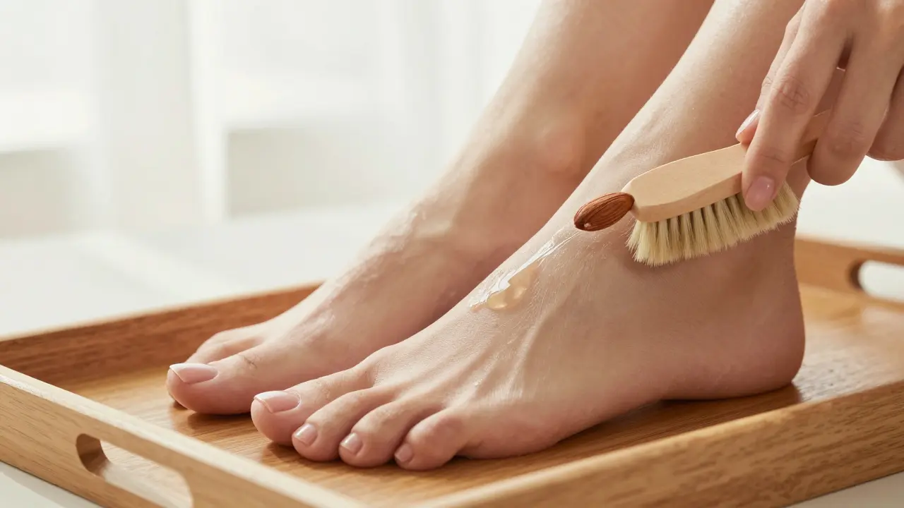 Деталь ухоженных стоп с маслом и аккуратно подстриженными ногтями при естественном свете.