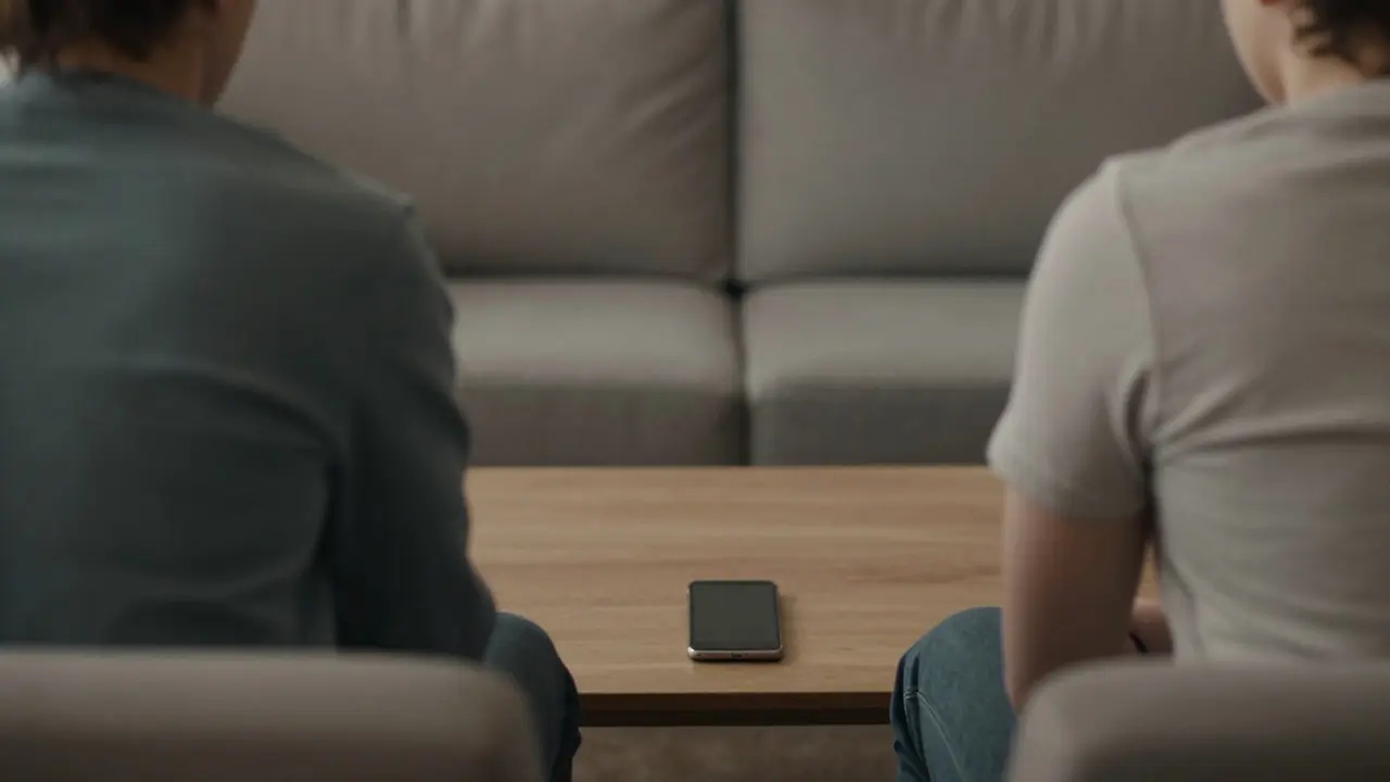Два человека на диване спиной друг к другу, смартфон на столе