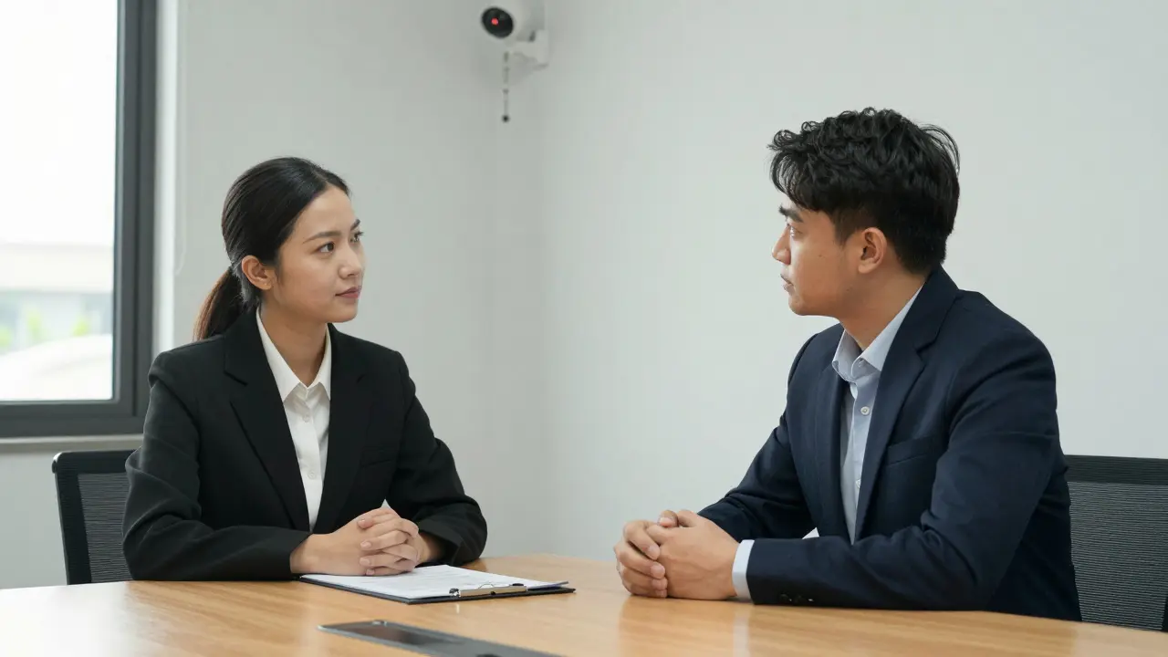 Два человека обсуждают соглашение за столом, на стене — камера наблюдения.