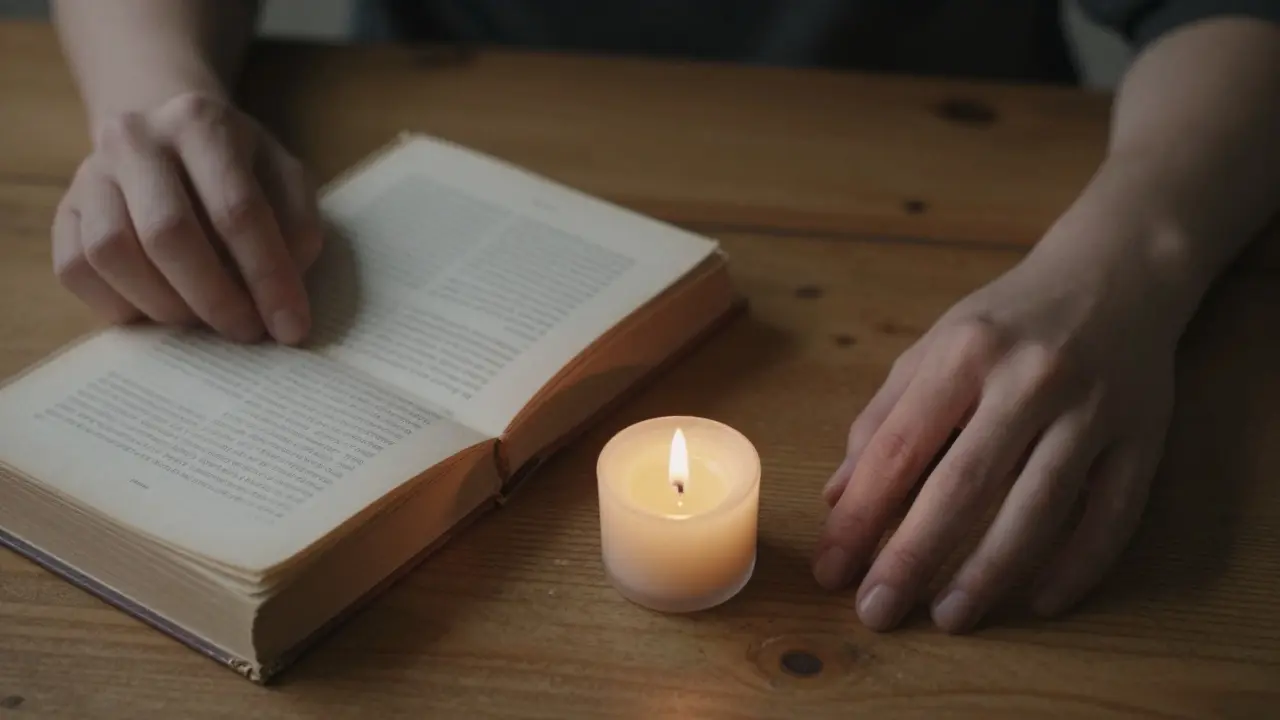 Две руки на деревянном столе — одна держит книгу, другая спокойно лежит рядом, свеча между ними.