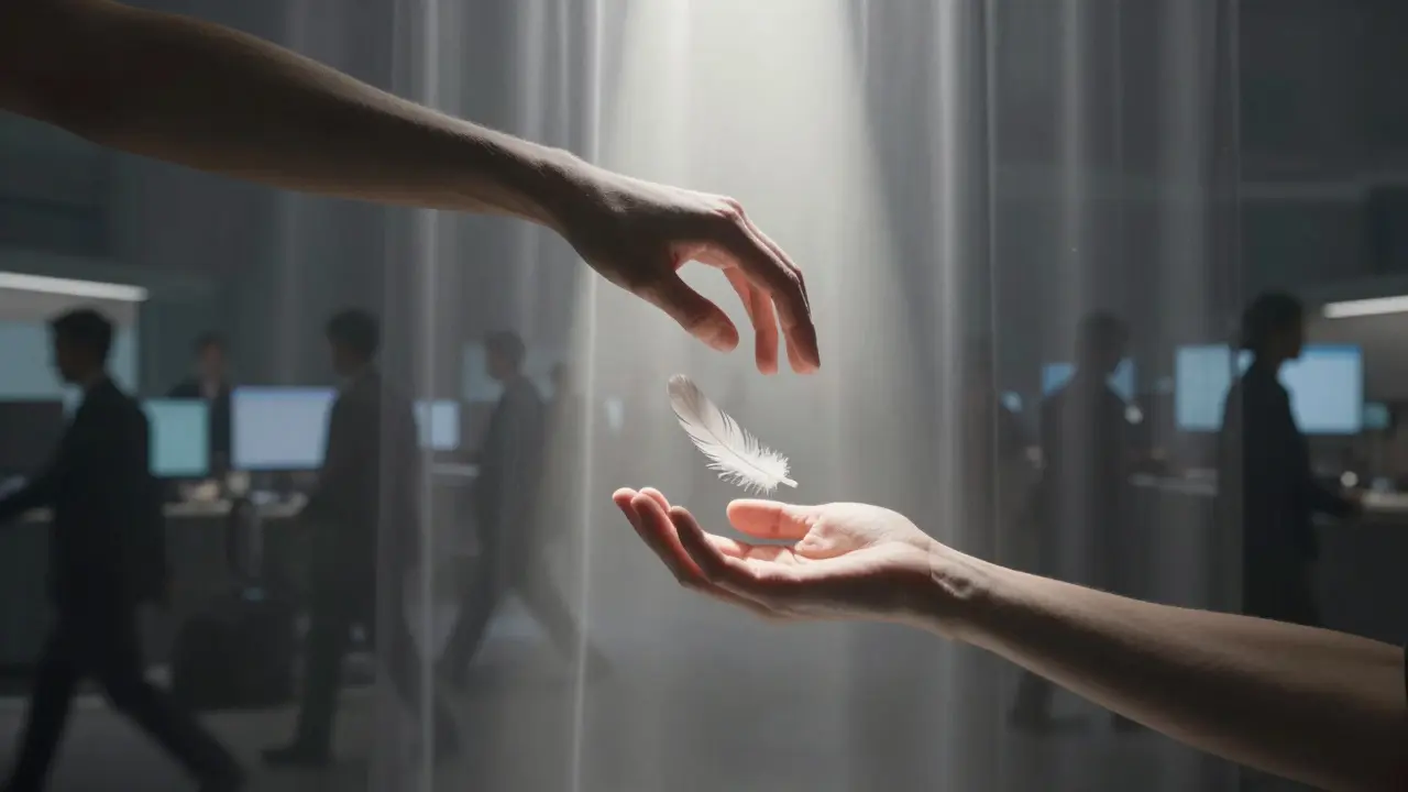 Две руки в воздухе: одна открыта в покорности, другая держит перо; позади — смутные силуэты городской суеты, символизирующие освобождение от стресса.