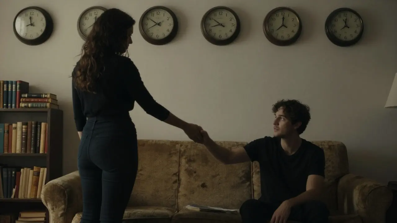 Две тени в тихой комнате, почти касающиеся рук, вокруг — книги и старые часы, передающие невысказанную тайну.